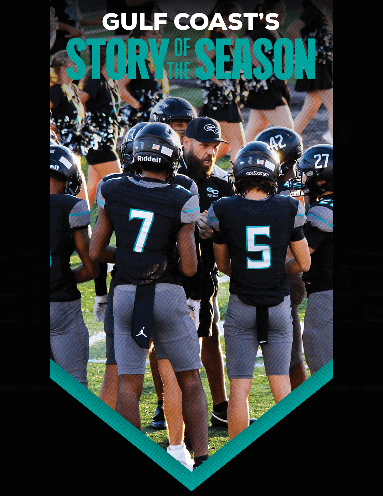 A football team huddled together on the field. Description generated by AI