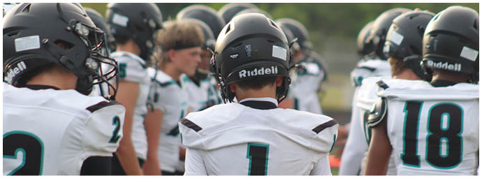 A group of football players wearing white and blue uniforms. Description generated by AI