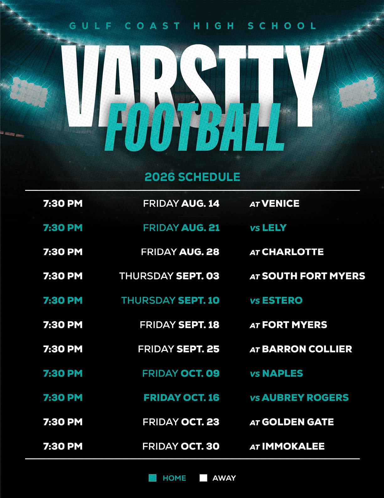 A football schedule for the Gulf Coast High School. Description generated by AI