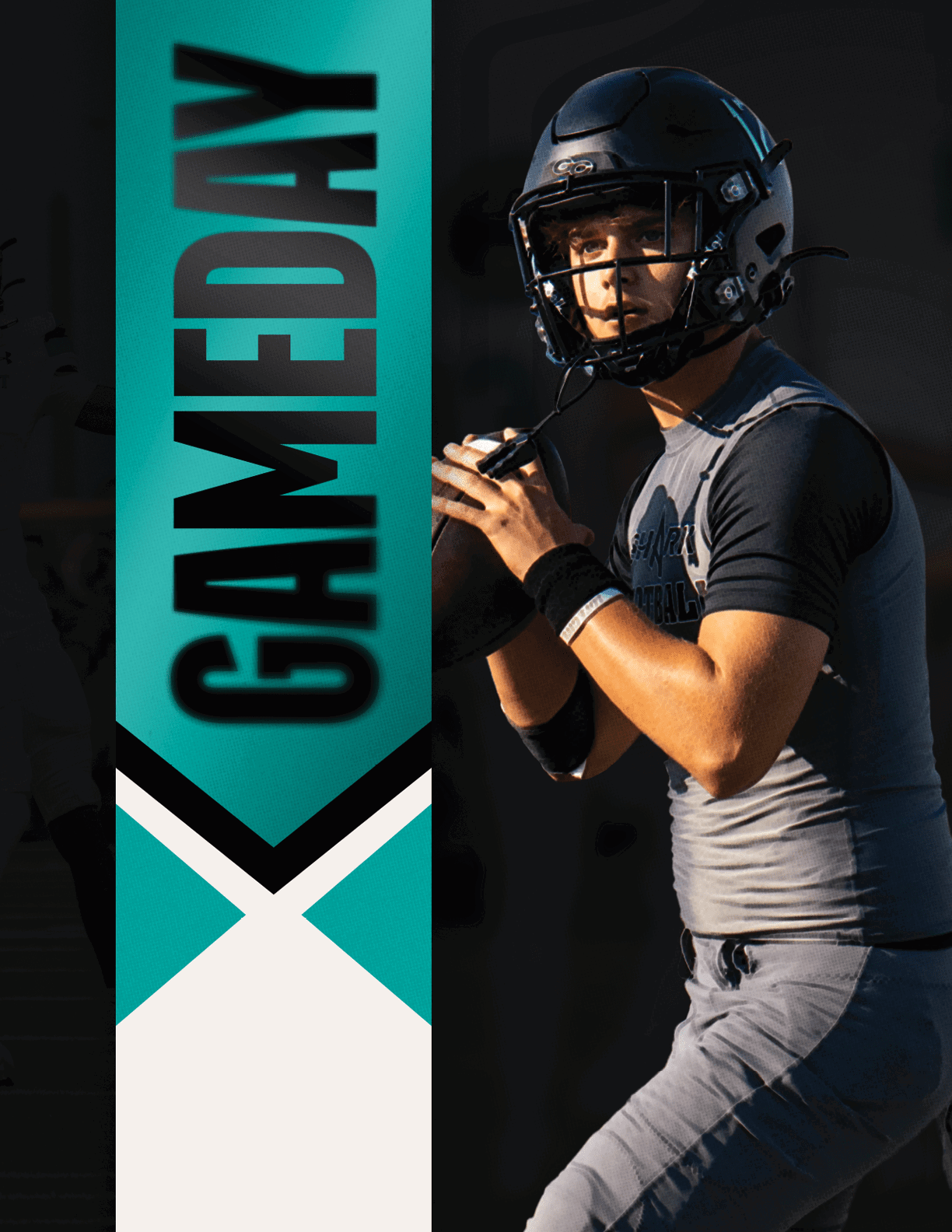 A football player wearing a helmet and holding a football. Description generated by AI