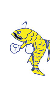 A blue and yellow fish with a captain's hat on. Description generated by AI