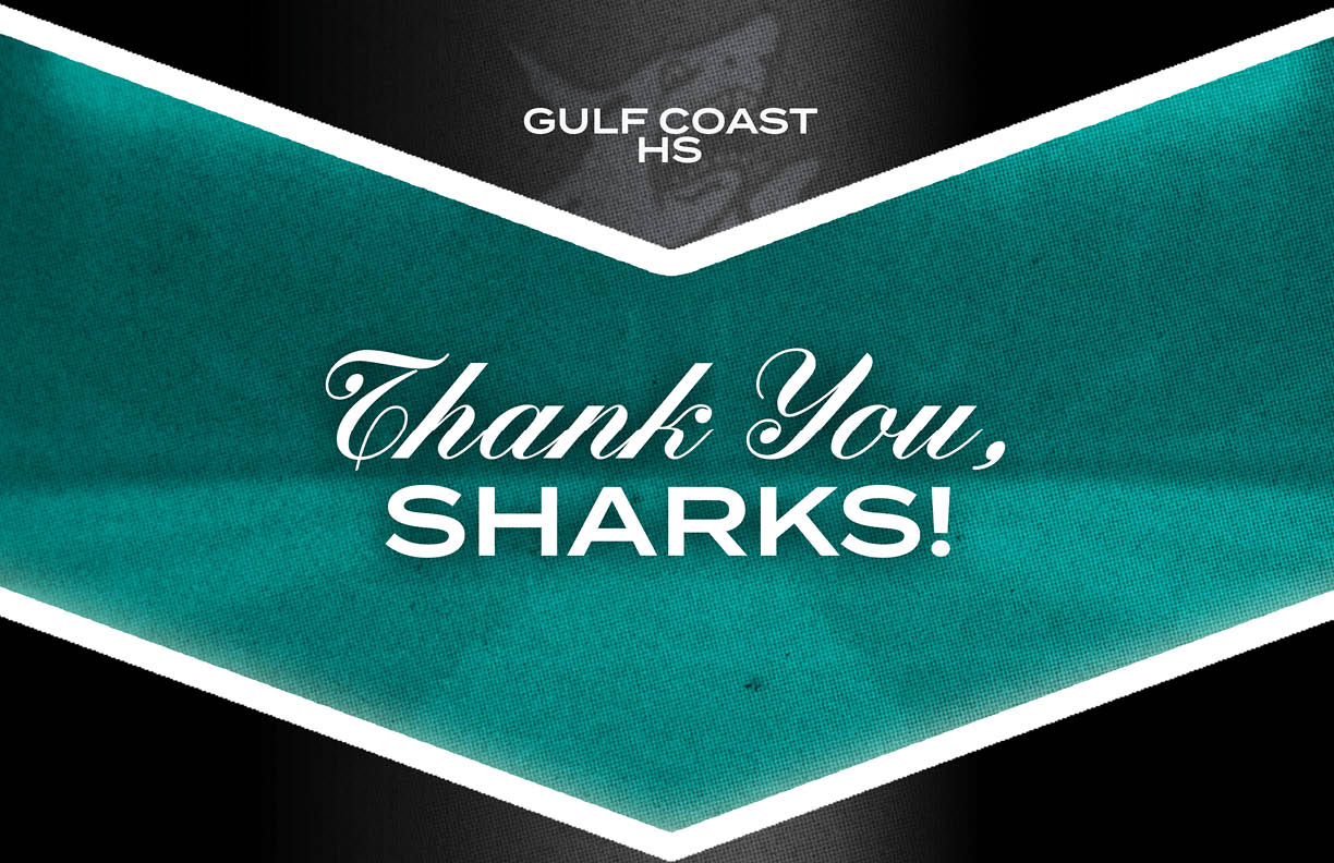 A green and blue sign that says “Thank You Sharks!" Description generated by AI