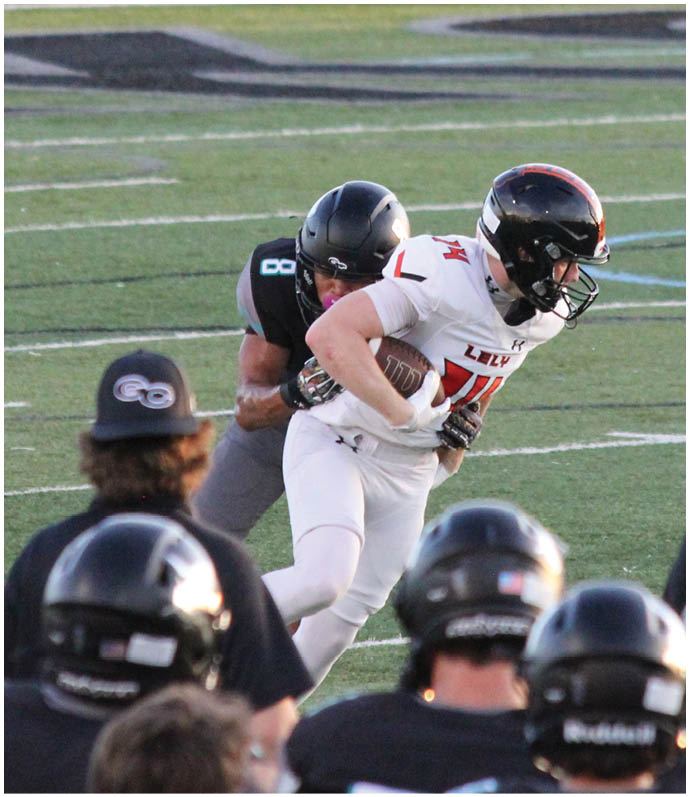 A football player running on the field. Description generated by AI