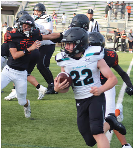 A football player in a white jersey with the number 22 on it. Description generated by AI