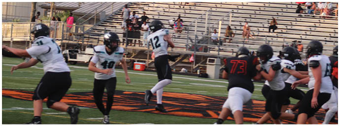 A football game is being played on a field. Description generated by AI