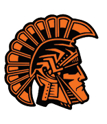 A black and orange logo of a man's head with a spiked helmet. Description generated by AI