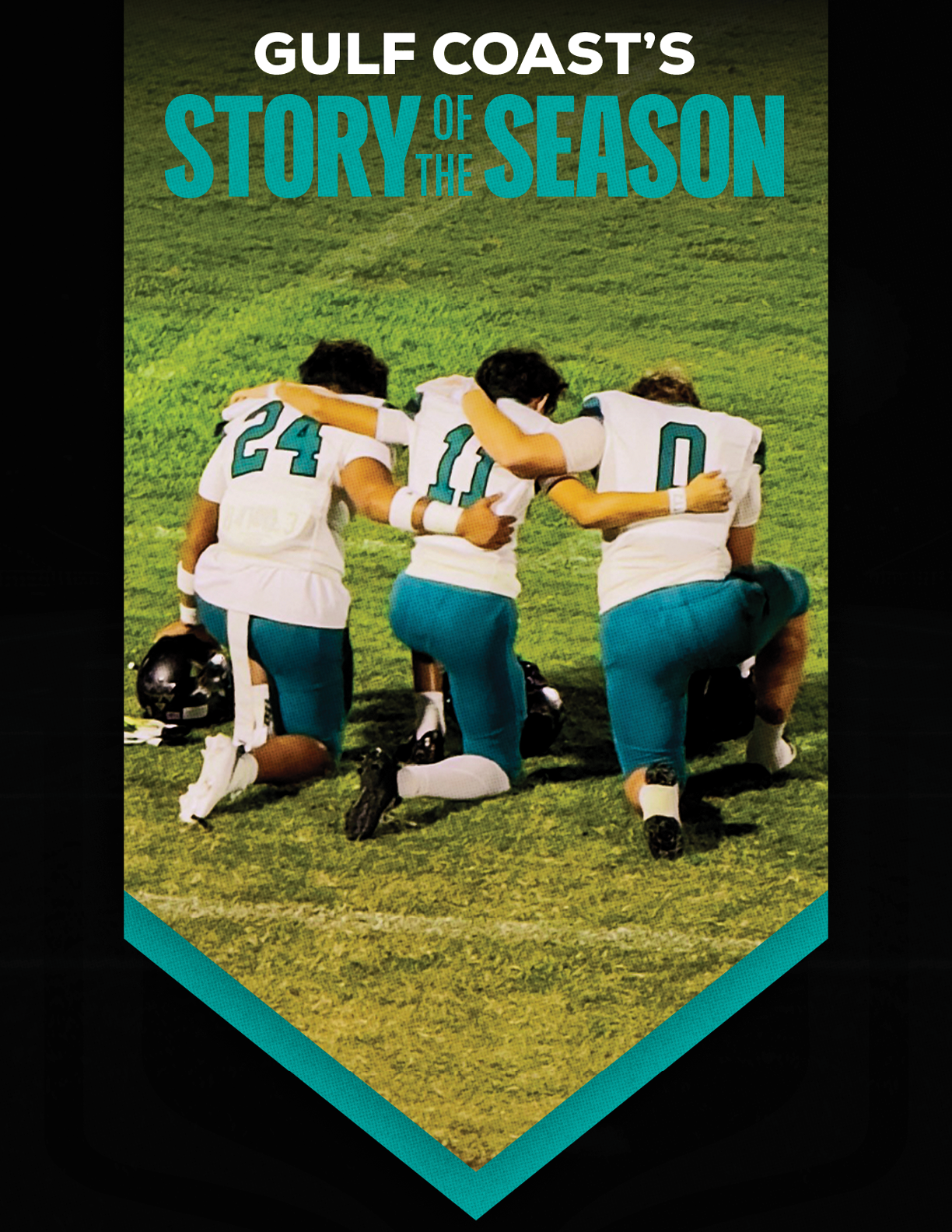 A football field with three football players kneeling down. Description generated by AI