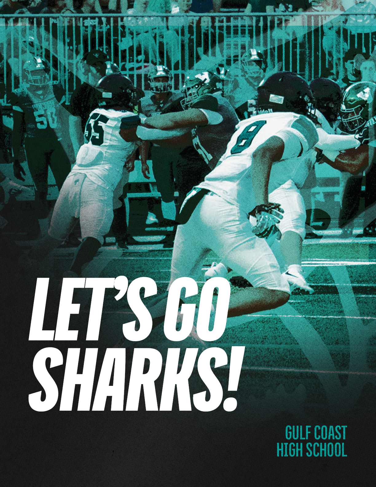 A football game is being played with the words “Let's Go Sharks!" on the side of a banner. Description generated by AI