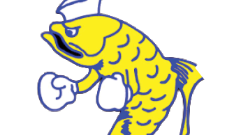 A blue and yellow fish with a captain's hat. Description generated by AI