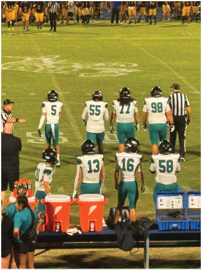 A group of people are playing football on a field. Description generated by AI