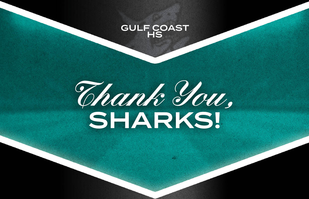 A green and blue sign that says “Thank You Sharks!" Description generated by AI