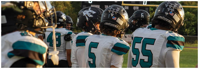A group of football players standing on a field. Description generated by AI