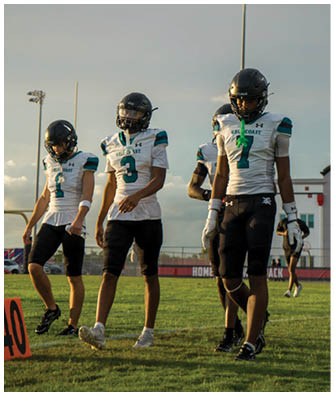 A group of football players standing on a field. Description generated by AI