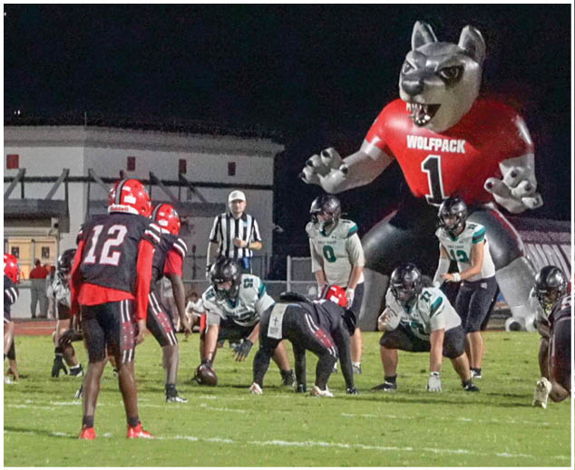 A large inflatable dog mascot is on the field. Description generated by AI
