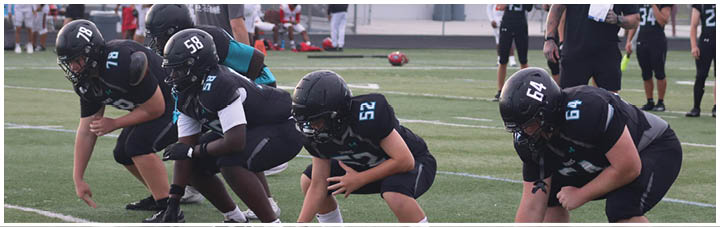 A group of football players in black and white uniforms are lined up on the field. Description generated by AI