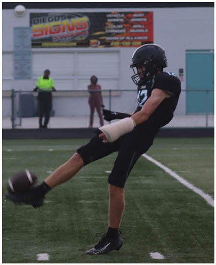 A man is kicking a football on a field. Description generated by AI
