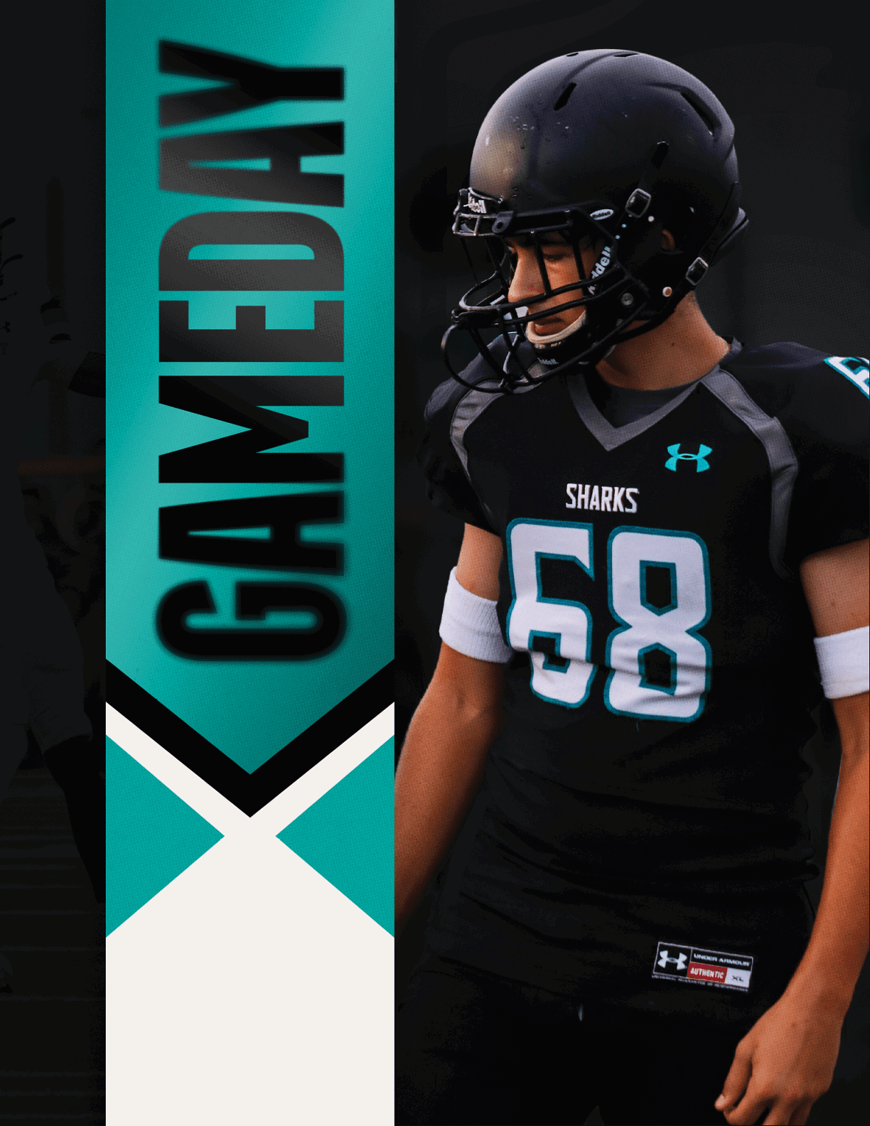 A football player wearing a black jersey with the number 58 on it. Description generated by AI