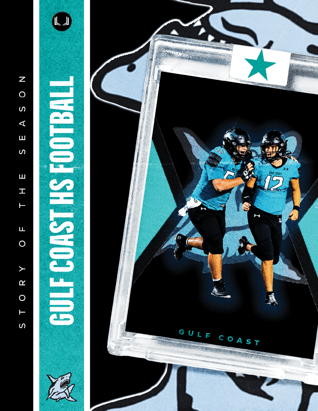 A blue and white card with a football player on it. Description generated by AI