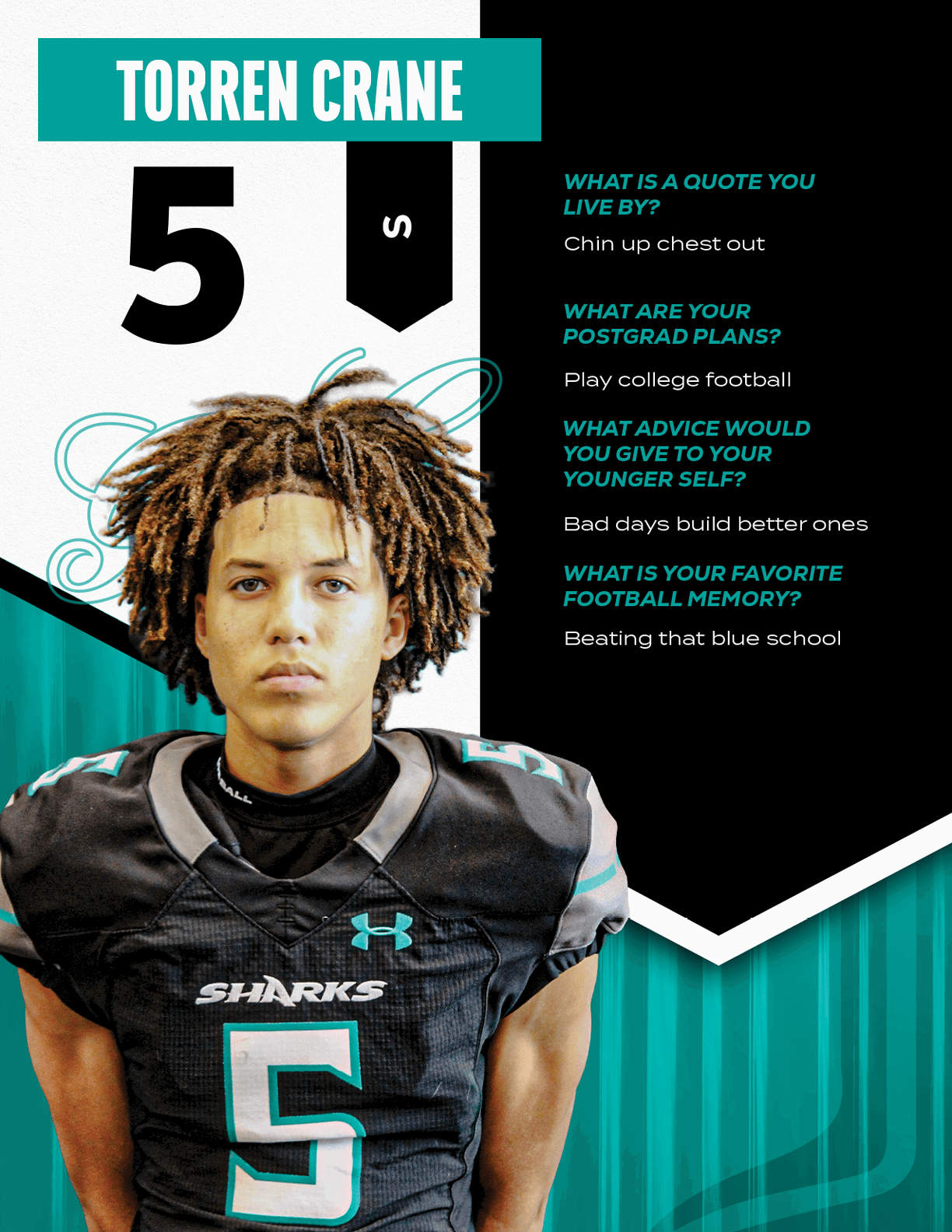 A blue and white card with a football player on it. Description generated by AI