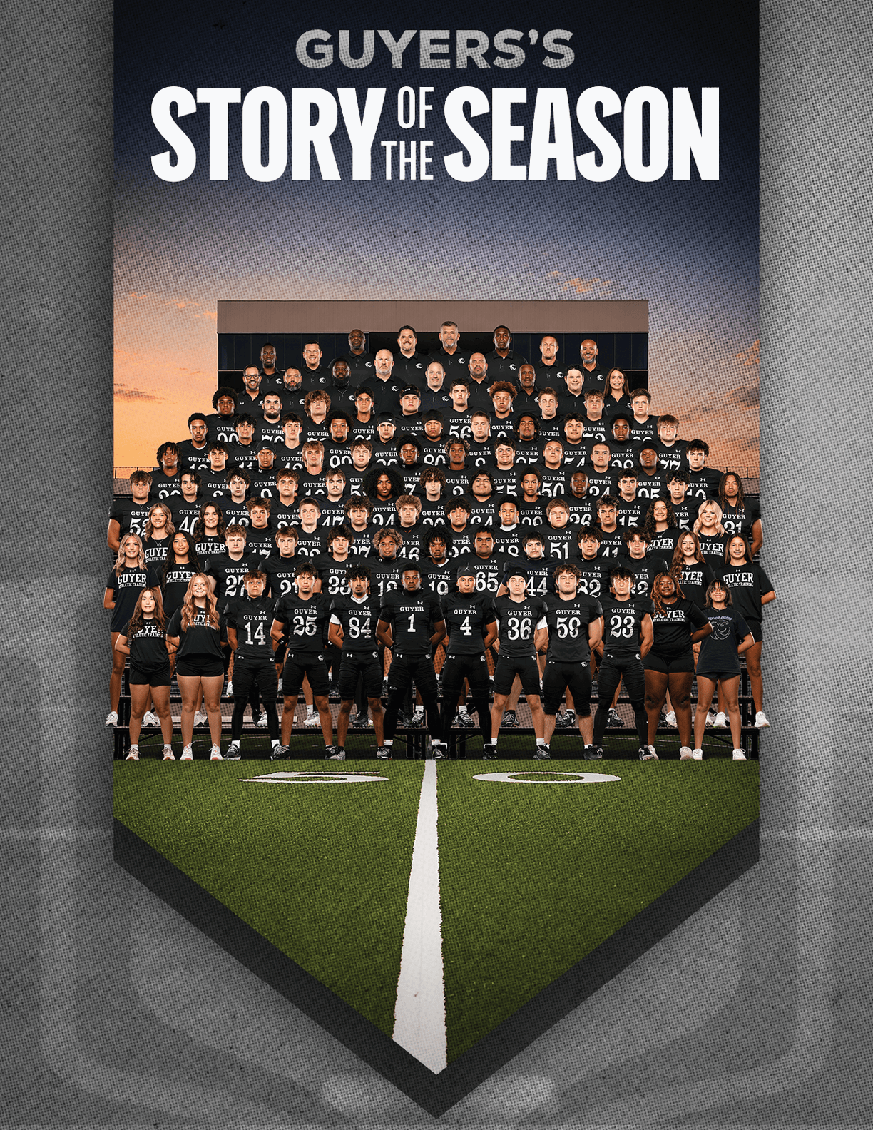 A large group of people wearing matching sports uniforms pose together on a football field with the text “Guyers's Story of the Season" above them. Description generated by AI