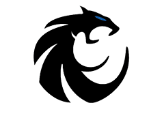 A stylized black panther head with a blue eye is integrated into a circular, swirling design. Description generated by AI