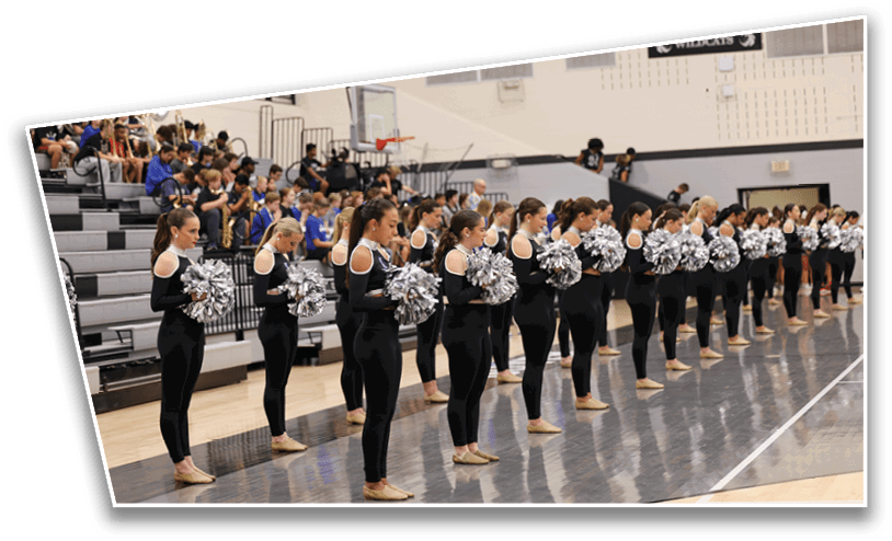 A line of adults dressed in black dance uniforms with silver pom-poms stand barefoot on a gym floor facing the same direction with spectators seated in bleachers behind them. Description generated by AI