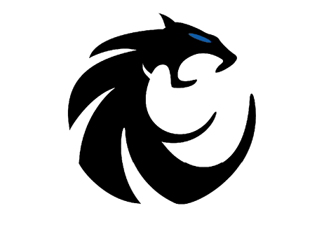 A stylized black panther head with a blue eye is integrated into a circular, swirling design. Description generated by AI