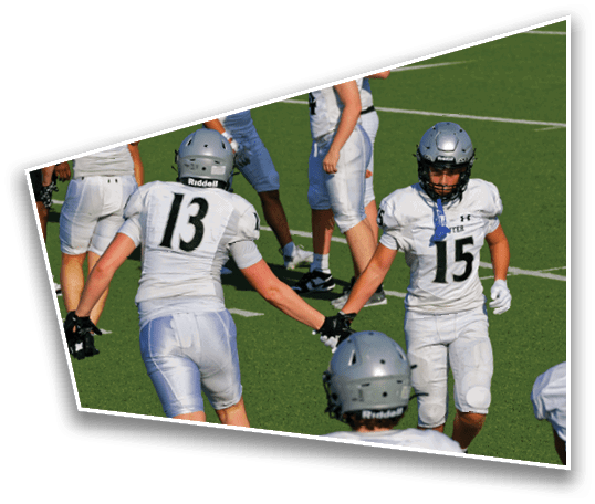 People wearing white football uniforms and helmets are on a green field, with two of them shaking hands. Description generated by AI