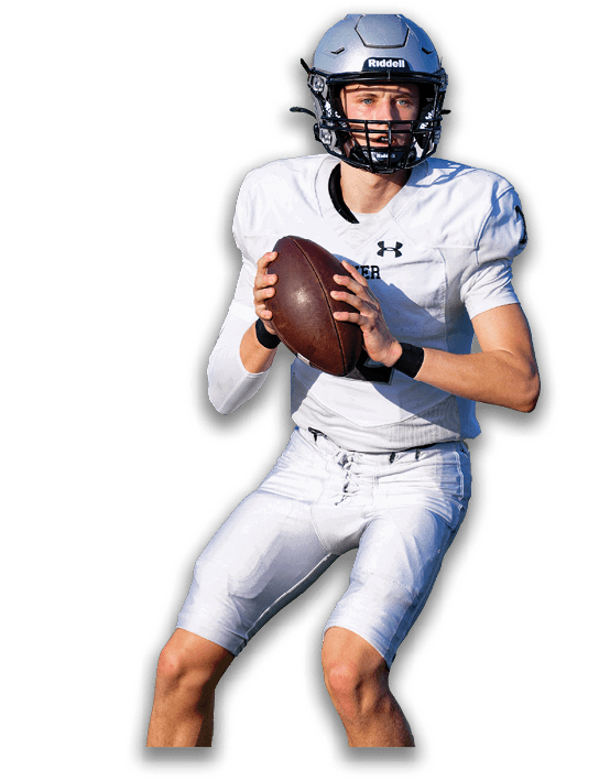 A person wearing a silver football helmet with a black faceguard is looking forward against a white background. Description generated by AI