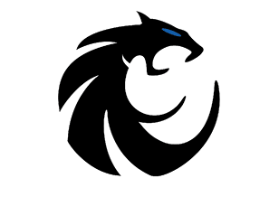 A stylized black panther head with a blue eye, designed in a circular, abstract shape. Description generated by AI