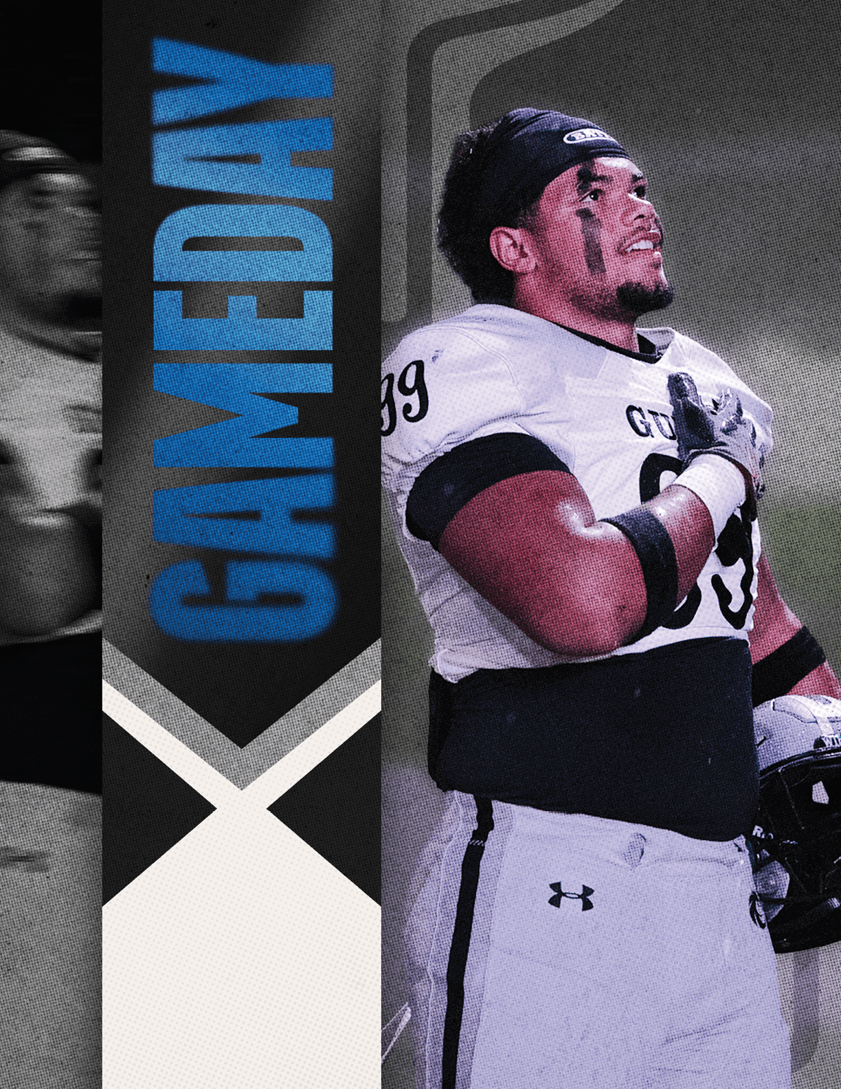 A person in a football uniform with the number 99 stands with one hand over their chest and holds a helmet in the other hand next to a vertical banner that says GAMEDAY in blue letters. Description generated by AI