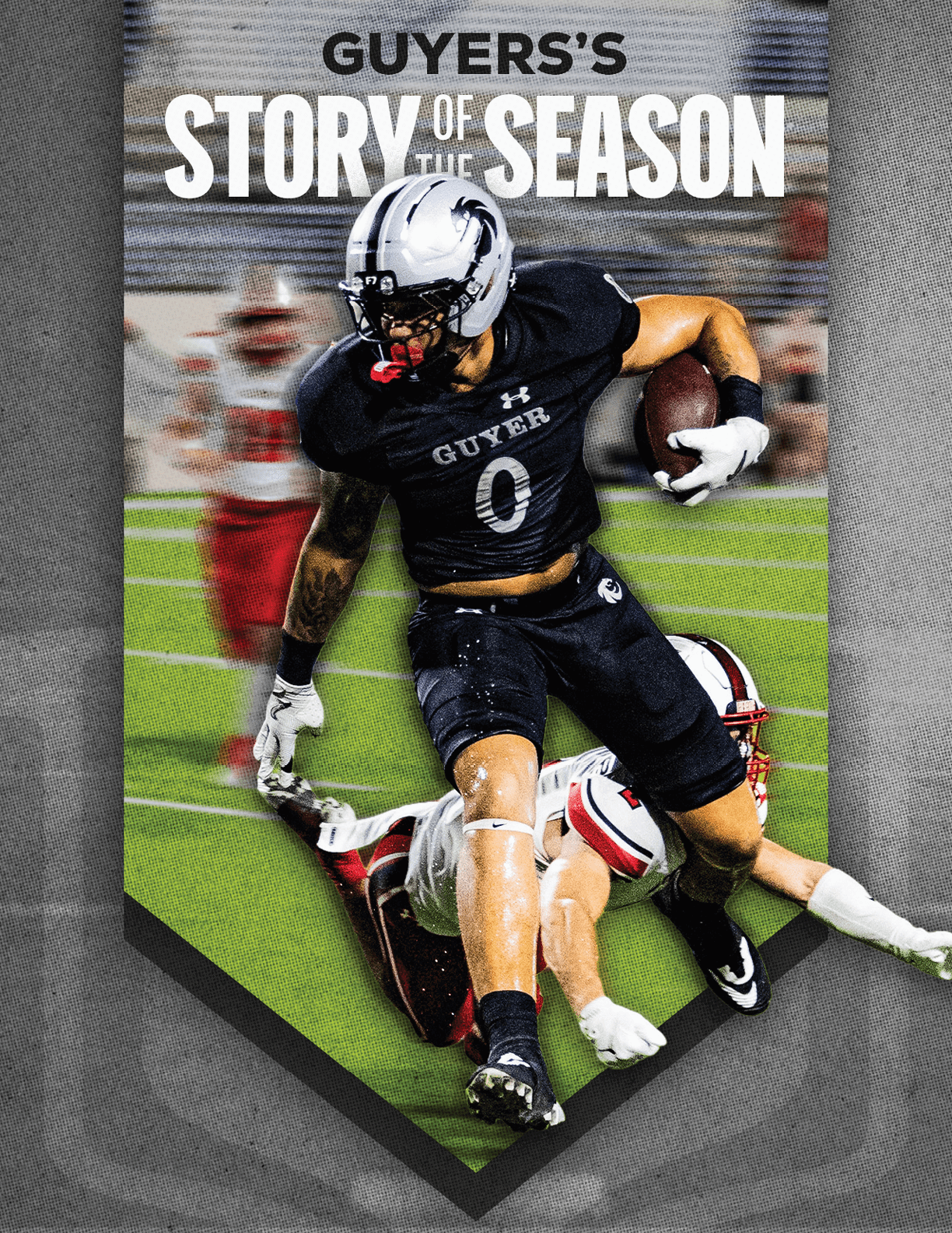 An athlete wearing a black football uniform with the number zero is running with a football while another player in a white and red uniform attempts to tackle them on a green field with the text “Guyers's Story of the Season" above. Description generated by AI