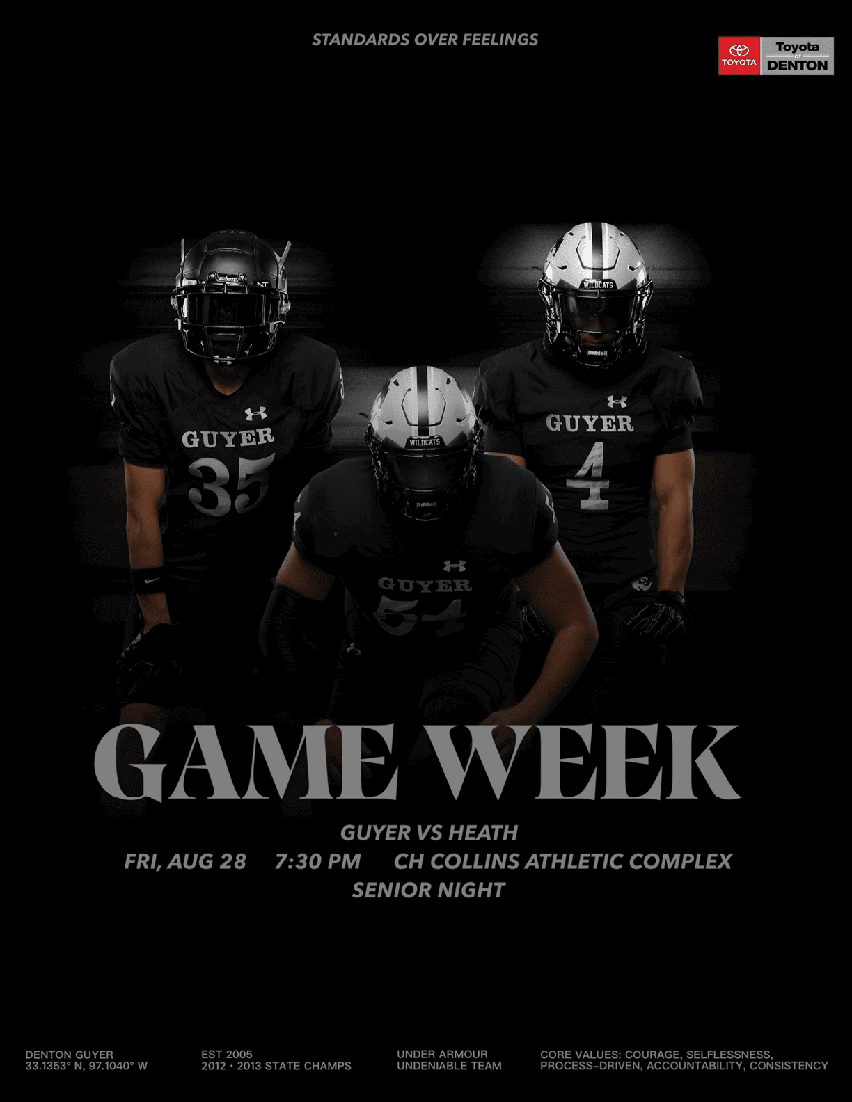 Three people in black football uniforms with helmets pose in a dark setting with text announcing a football game week between Guyer and Heath at CH Collins Athletic Complex on a Friday night. Description generated by AI