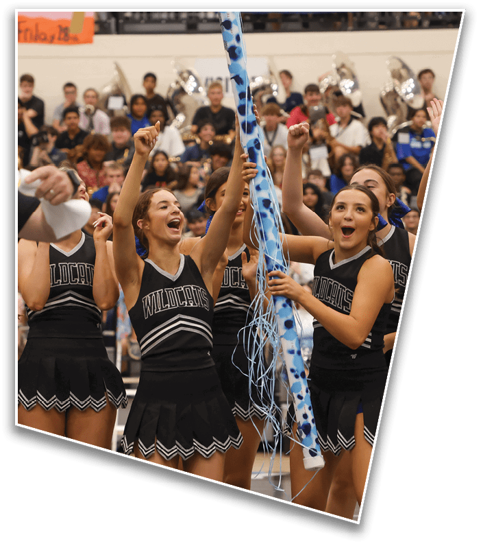 A group of adults in black Wildcats cheerleading uniforms are cheering and holding a tall blue and white decorated pole in a gymnasium with a crowd and band in the background. Description generated by AI