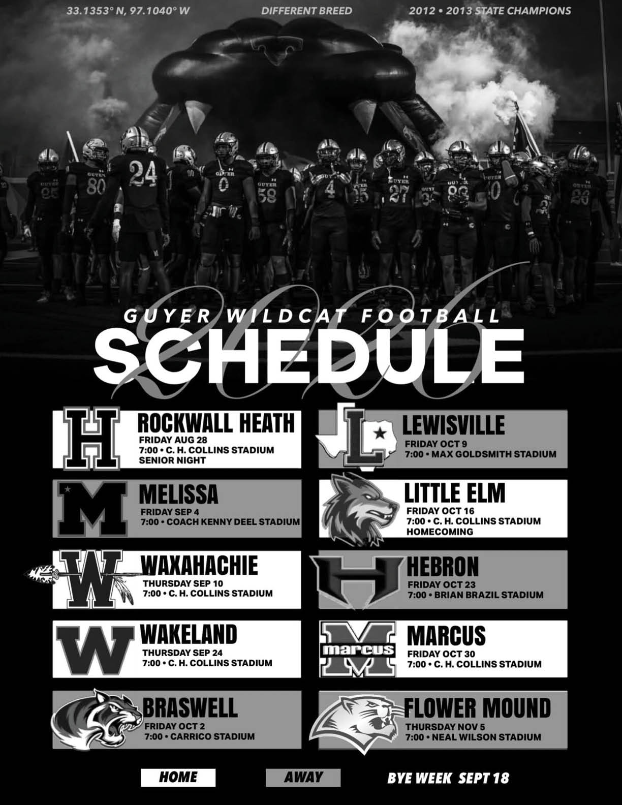 A football team in uniform stands together under dramatic lighting with a wildcat mascot graphic and a detailed schedule of their upcoming games for the 2012-2013 season displayed below. Description generated by AI