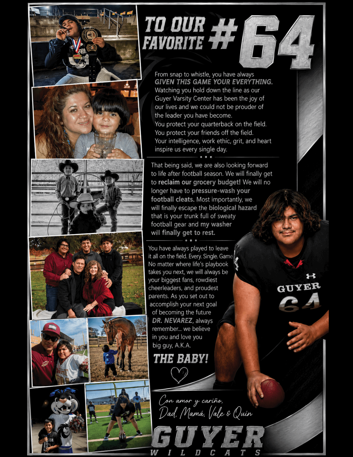 A heartfelt collage featuring a person wearing a sports jersey with the number 64 holding a championship belt, various candid moments with family and friends, and a touching message expressing gratitude, pride, and encouragement for the athlete's dedication and future. Description generated by AI
