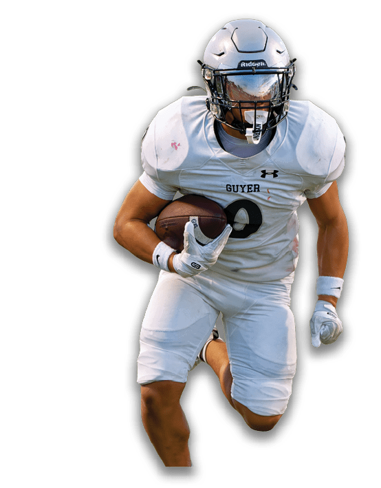 A person wearing a white football uniform with the word Guyer and the number 9 is running while holding a football. Description generated by AI