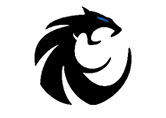 A stylized black panther head with a blue eye is integrated into a circular, swirling design. Description generated by AI