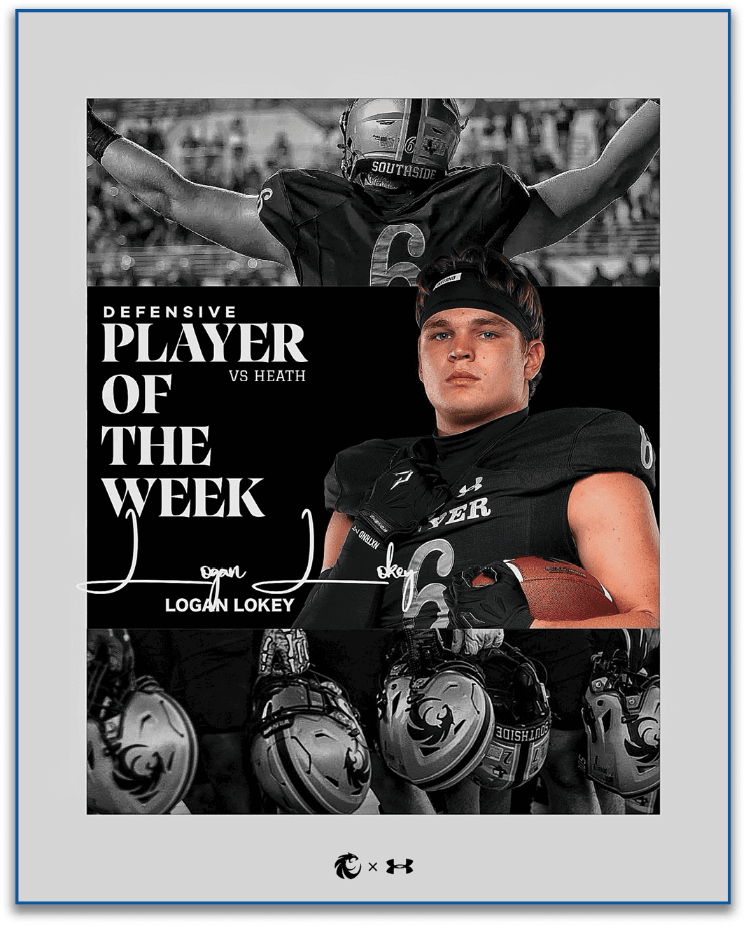 A person in a football uniform holding a football is featured as the defensive player of the week with the name Logan Lokey displayed alongside football helmets and a background image of a player with arms raised. Description generated by AI
