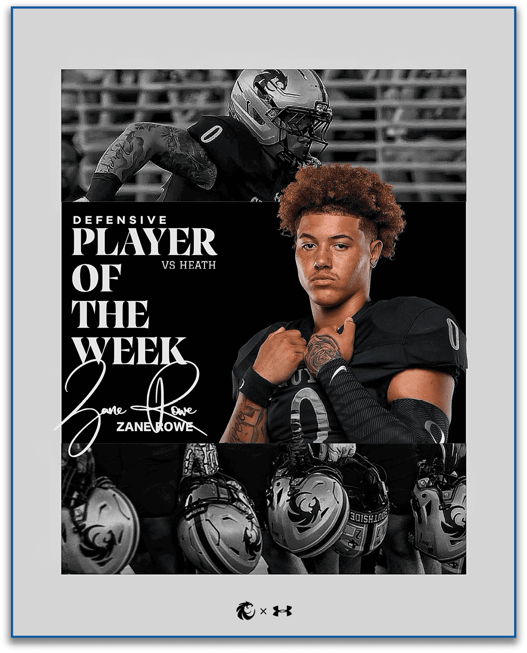 An adult with curly hair wearing a football uniform poses confidently with clenched fists in front of a background featuring a black and white action shot of a football player and several helmets, with text announcing them as the defensive player of the week. Description generated by AI