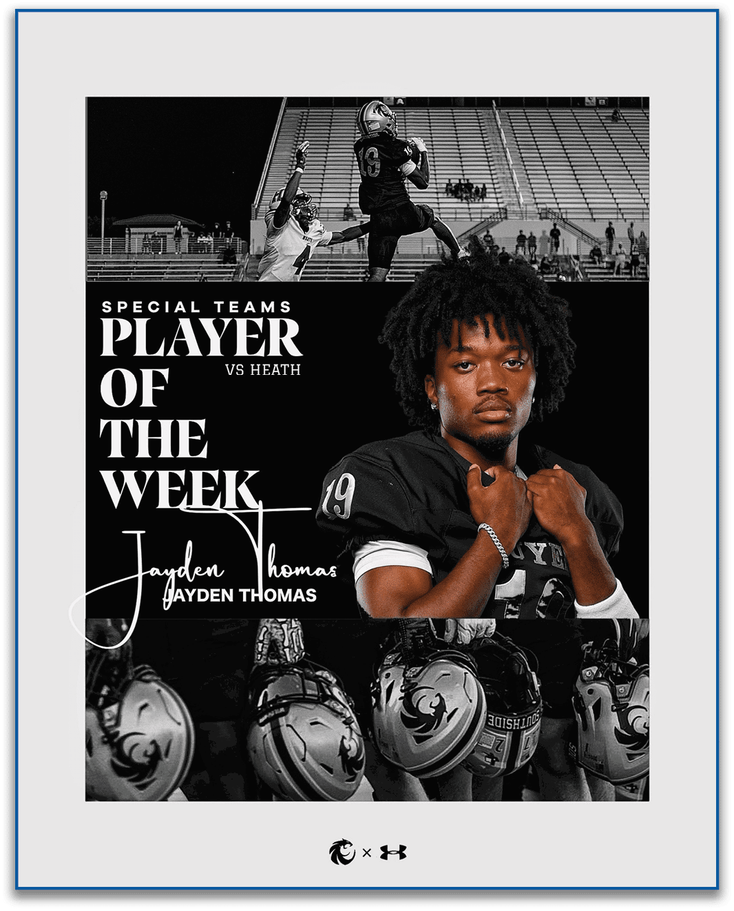 A sports graphic features a person with curly hair in a black football uniform with the number 19, named Jayden Thomas, recognized as the special teams player of the week against Heath, with a background of a football game and helmets. Description generated by AI