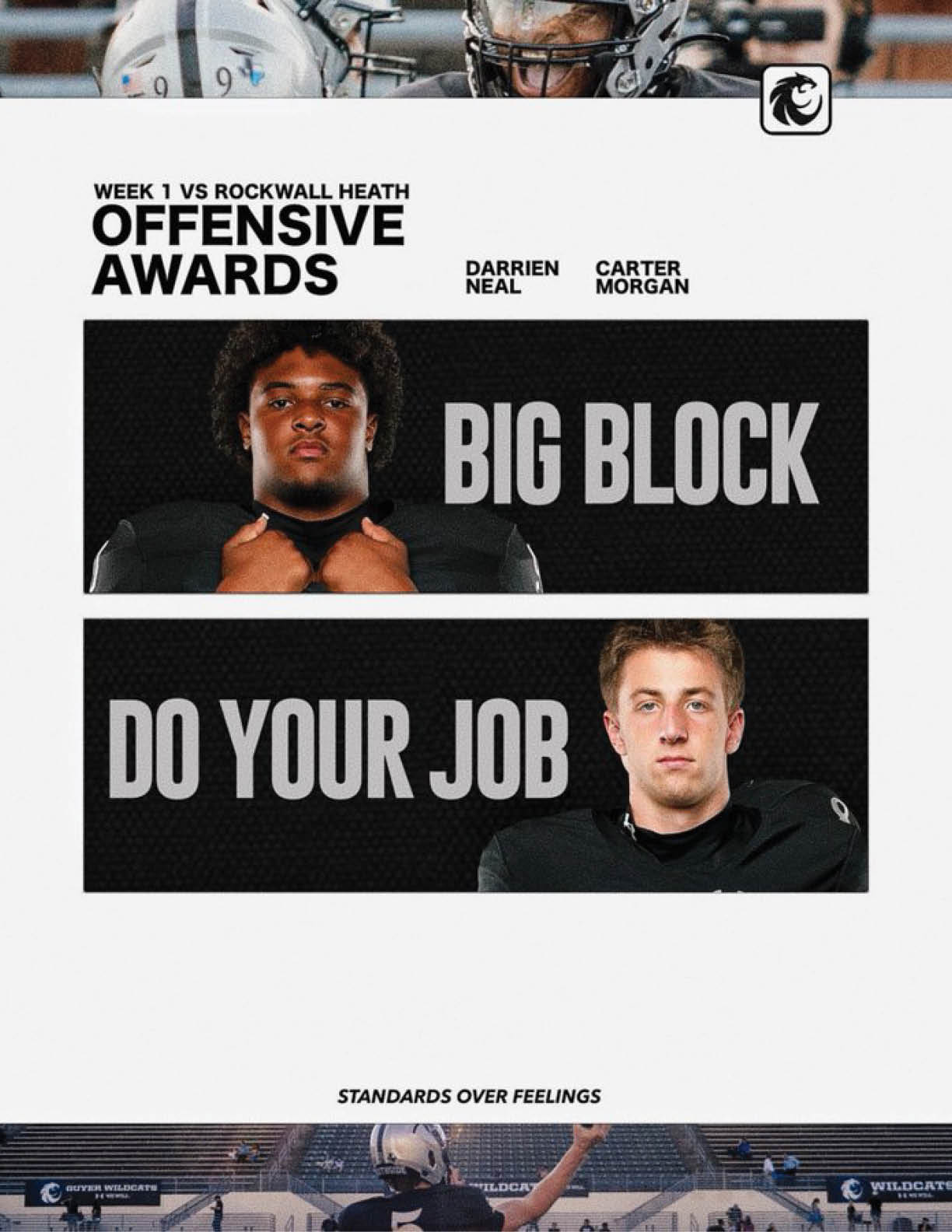Two adults in black sports uniforms are featured with the text “Big Block" and "Do Your Job" as offensive awards for a Week 1 game against Rockwall Heath. Description generated by AI