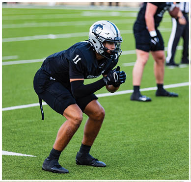 Two people in black football uniforms and helmets are positioned on a green field with a blurred crowd in the background. Description generated by AI