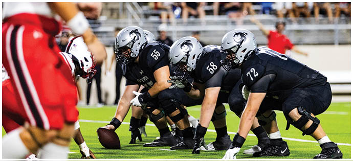 People in football uniforms are lined up on a field preparing for a play with a crowd visible in the background. Description generated by AI
