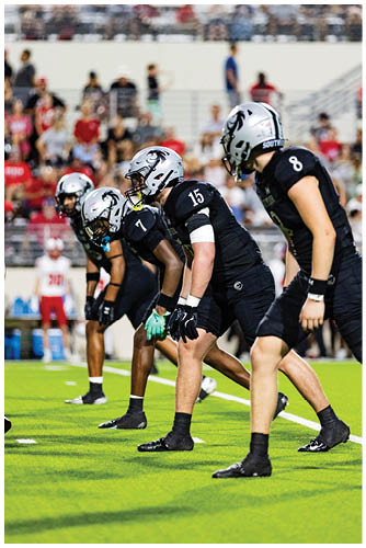 Two football players wearing helmets are on the field with a blurred crowd of spectators in the background. Description generated by AI