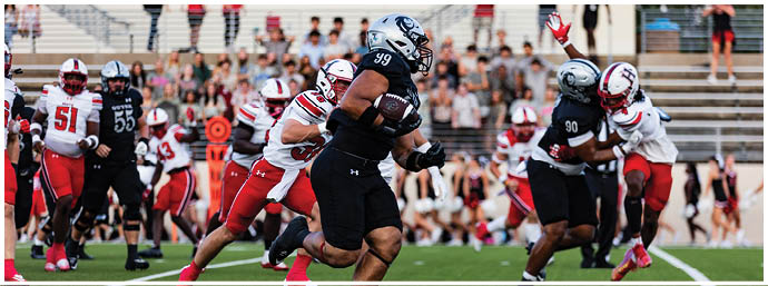 Adults in football uniforms are actively playing a game on a field with spectators in the background. Description generated by AI