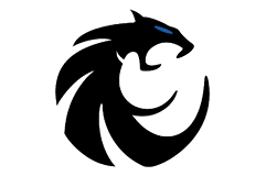 A stylized black panther head with a blue eye, designed in a circular, abstract shape. Description generated by AI