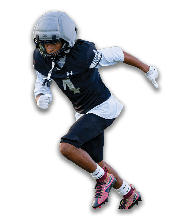 A person wearing a football uniform and helmet is in a dynamic running pose. Description generated by AI
