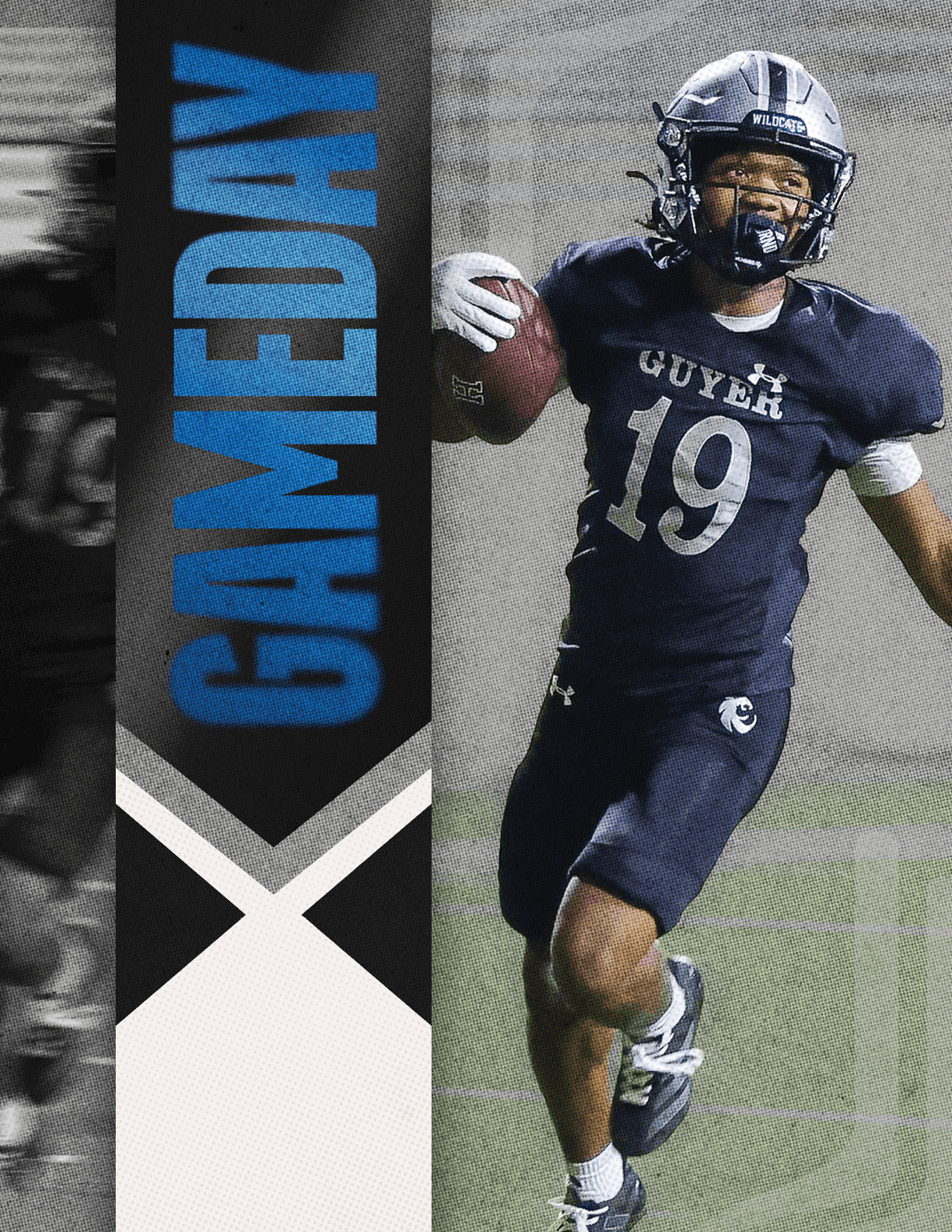 A person wearing a black football uniform with the number 19 is running on a field while holding a football, with the word GAMEDAY in blue text on a black and white vertical banner beside them. Description generated by AI