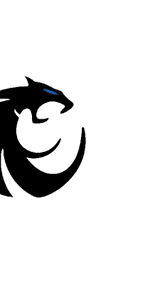 A stylized black dragon head with a blue eye and a curved tail forming a circular shape. Description generated by AI